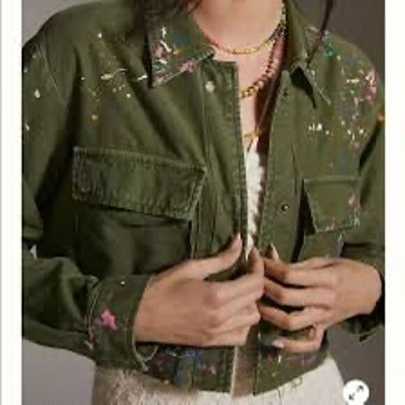 Pilcro Anthropologie Cropped Utility Jacket XSP Moss Splatter Military Artsy Raw - Picture 4 of 9